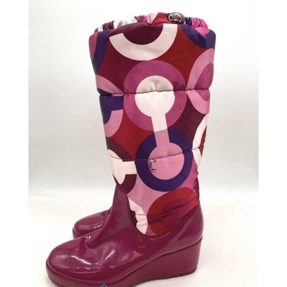 Coach Puffer Platform Boots Sz 5.5 Pink Wedge Art Sateen Logo Winter Rain Y2k - Picture 2 of 10